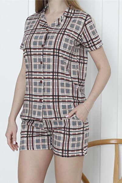 Nicoletta Γυναικείο σετ πιτζάμα με κουμπιά με σορτς καρό βαμβακερό λύκρα τσέπη DAMSON