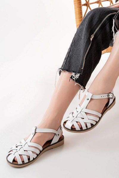 surkent Orthopedic Genuine Leather White Women's Sandals