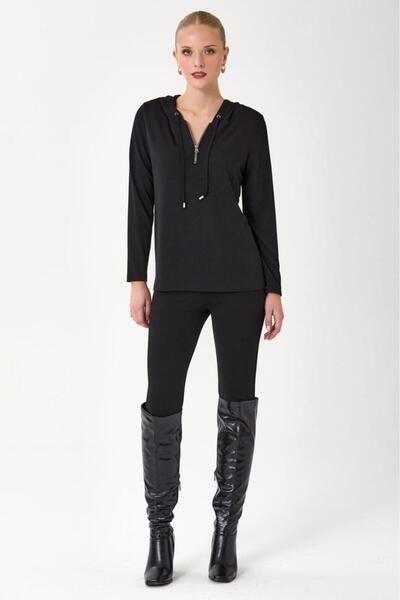 İKİLER Yakası Fermuarlı Kapüşonlu Bluz 245-1001