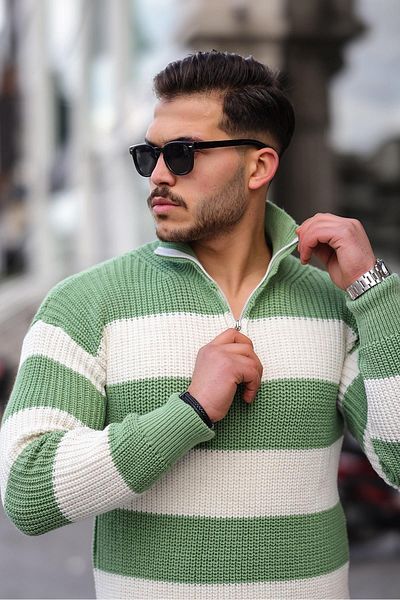 Valiberta Half Zipper Striped Knitwear Sweater - Green