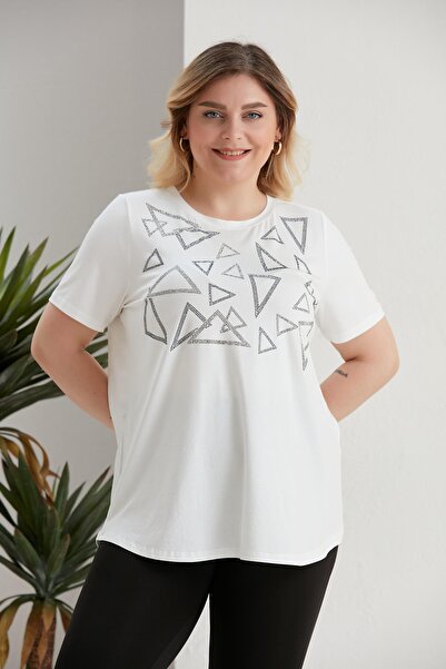 SERTUĞ Plus Size Geometric Stone Detailed Ecru Blouse
