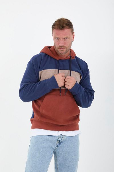 Valiberta Oversize Hooded 3 Color Block Thessaloniki Knitted Men's Sweatshirt - Tile