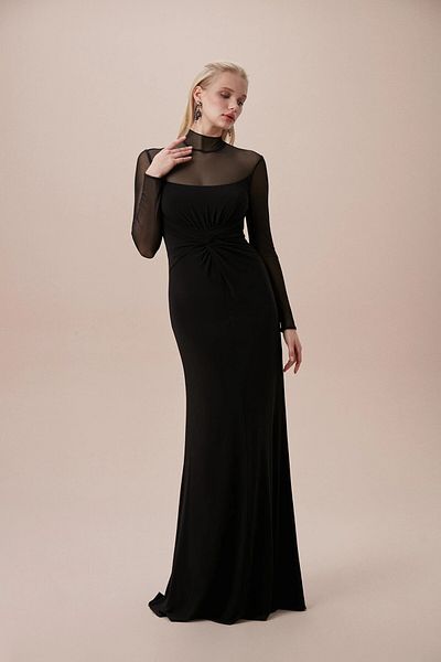 Oleg Cassini Black Long Sleeve Tulle Detail Long Crepe Dress Vc5576