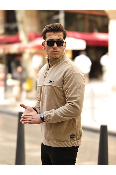 Valiberta Premium Half Ferrmuar Fleece Sweatshirt - Beige