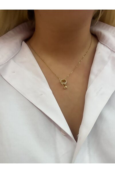 Hicrans Takı YÜZÜKLÜ KALP MODEL ZİRKON TAŞLI ÇELİK KOLYE