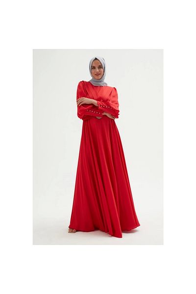 PHELDA Chest Detailed Satin Dress 696-red