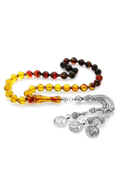 Tesbihane مسبحة معدنية غير مشوهة من Mecidiye بشراشيب مقطوعة في اسطنبول من Bala-Black Fire Amber