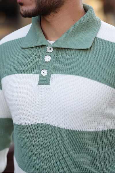 Valiberta Buttoned Polo Collar Half Oversize Striped Knitwear Sweater - Green