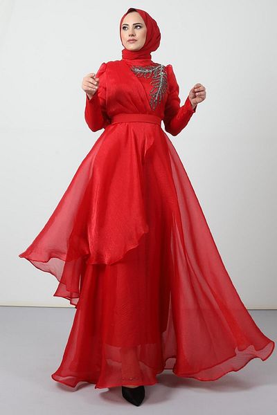 Giza Giyim Stoned Organza Evening Dress Red
