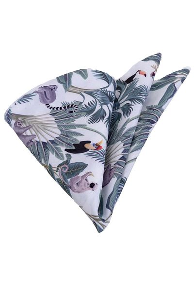 Exve Exclusive Collar Pocket Handkerchief with Green Leaf and Tropical Animal Print on White
