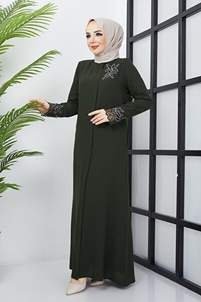 SENSTIL Büyük Beden Dantel Taş İşleme Detaylı Haki Ferace SS2029