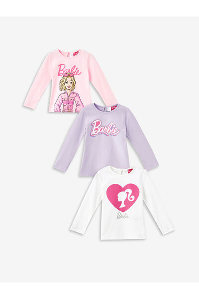 LC Waikiki LCW baby Pembe Bisiklet Yaka Barbie Baskılı Kız Bebek Tişört 3'lü