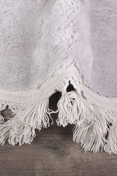 Teksev Bubble Gray Color Oval Pompom Fringed Plush Runner Machine Washable Non-Slip Based Soft Carpet