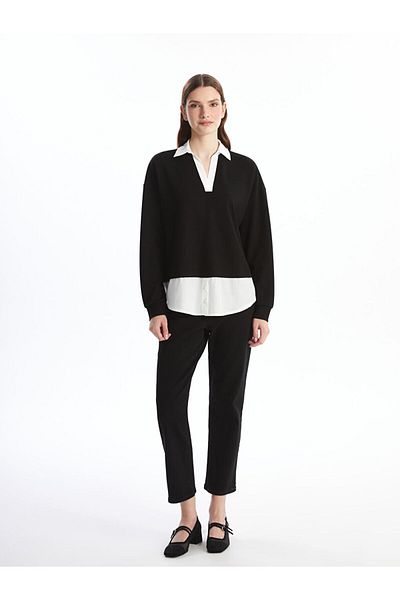 LC Waikiki Lcwaikiki Basic Black Shirt Collar Solid Long Sleeve Oversize Women's Tunic