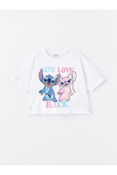 LC Waikiki Imprimat Lilo și Stitch - Tricou pentru fete cu mânecă scurtă și decolteu