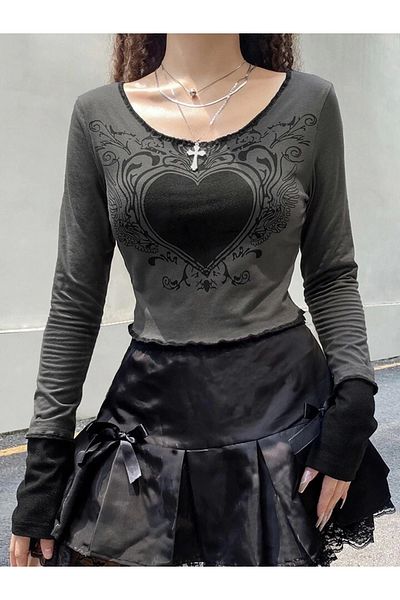 DarkellaStore Gothic Gothic Grunge Heart Long Sleeve Crop Blouse