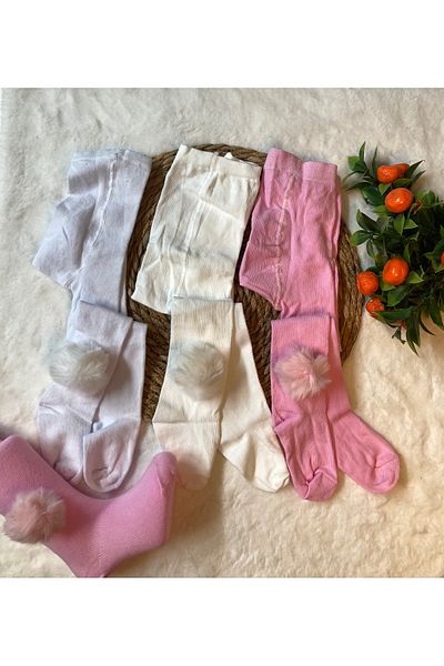 ESES BEBE Комплект от 3 памучни чорапогащи за бебешко момиче с помпон