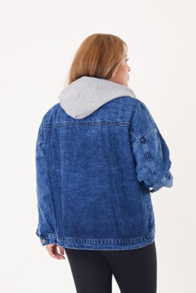 LİLAS XXL Velká džínová bunda s kapucí v námořnické modré barvě