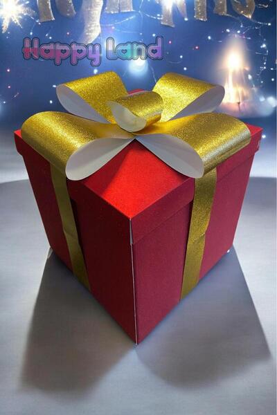 Happyland Yılbaşı Hediye Kutusu Kırmızı Renk Simli Kurdeleli Kendin Yap Model 25x25x25 Cm