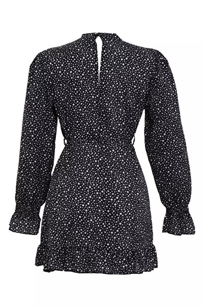 Keikei Siyah saten uzun kol kısa elbise