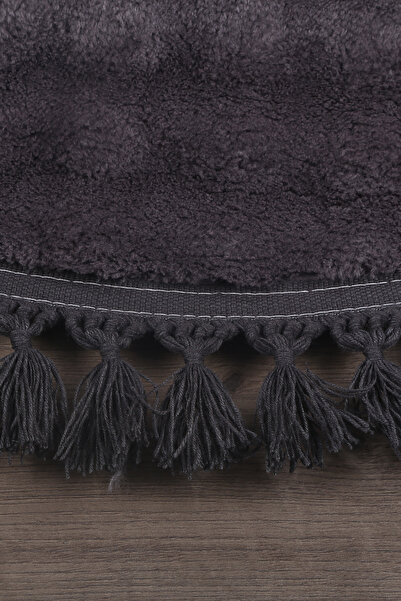 Teksev Bubble Anthracite Color Oval Pompom Fringed Plush Runner Machine Washable Non-Slip Based Carpet