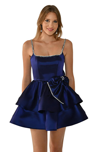 ALFABETA Alpha Beta Strap Ribbon Stone Accessory Bow Taffeta Short Evening Dress