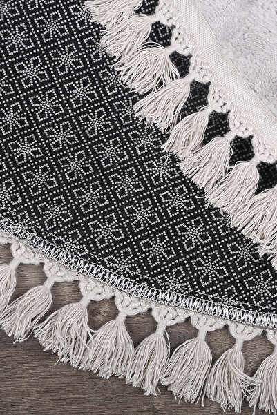 Teksev Bubble Gray Color Oval Pompom Fringed Plush Runner Machine Washable Non-Slip Based Soft Carpet