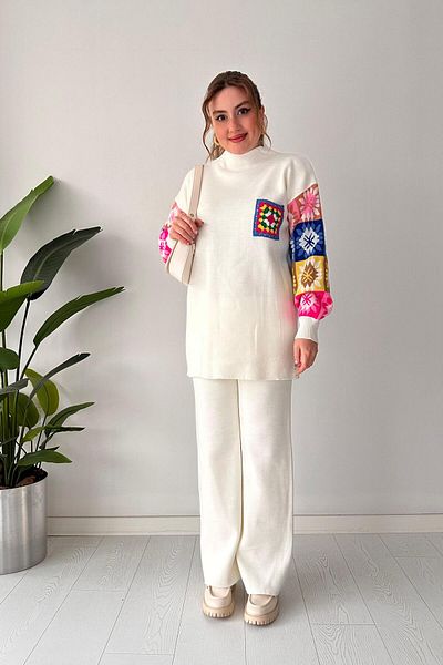 MaziButik Ecru Knitwear Set - Motif Pocket