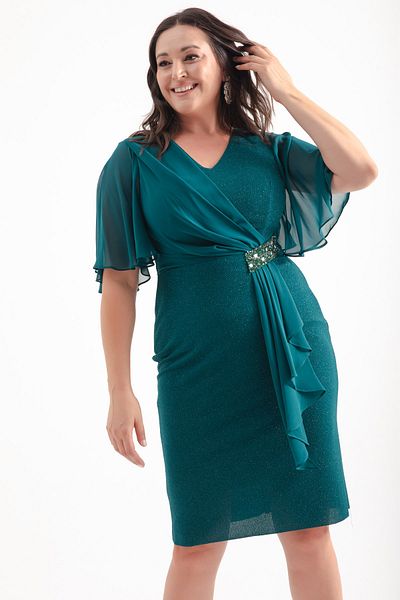 Lafaba Emerald Green Plus Size Midi Evening Dress - V-neck, Short Sleeve Dress