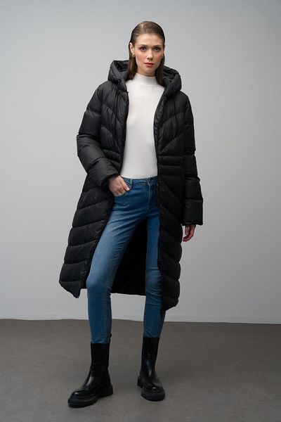 Olcay Schwarze lange Pufferjacke – Kapuzenpullover und Musterdetail 6669