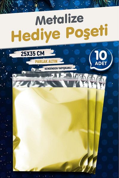 t tuğset etiket Метализирана торбичка за опаковане на подаръци с лепило 25x35см, златна, 10 броя, коледен подаръчен пакет - T1092
