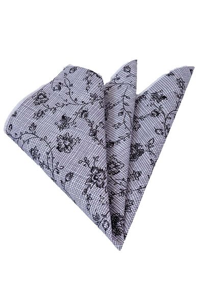 Exve Exclusive Gray Base Black Floral Printed Cotton Collar Pocket Handkerchief