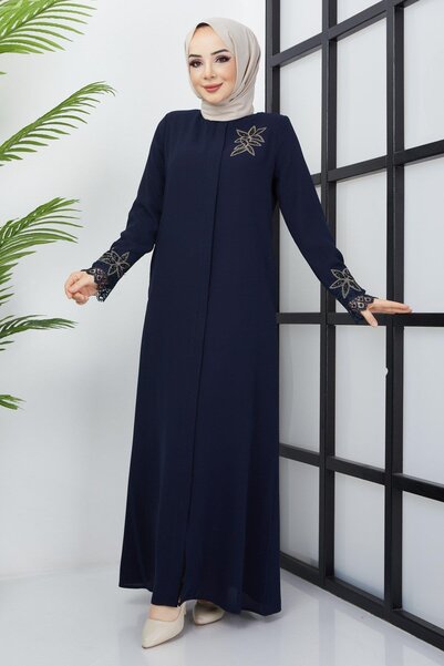SENSTIL Navy Blue Lace Ferace - Plus Size with Stone Processing Detail Ss2029