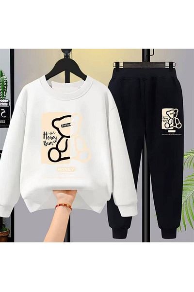 LePold Σετ φόρμας Sweatsihrt με 3 κλωστές, λευκό λαιμόκοψη, μαύρη στάμπα για κορίτσια/αγόρια