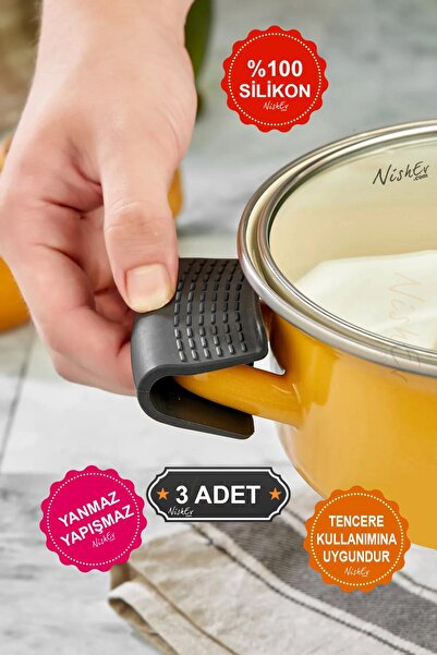 Nishev Yanmaz Yapışmaz Silikon Tencere Tutacağı Silikon Kulp Tutacak - 3 Adet...