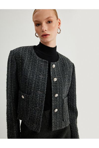 Koton RounD Neck anD BuTToneD PockeT TweeD JackeT