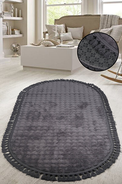 Teksev Bubble Anthracite Color Oval Pompom Fringed Plush Runner Machine Washable Non-Slip Based Carpet