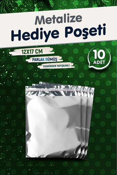 t tuğset etiket Метализирана торбичка за опаковане на подаръци с лепило 12x17 см, сребърна, 10 броя, коледен подаръчен пакет за Нова година - T108