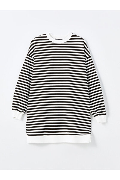 LC Waikiki Siyah Bisiklet Yaka Çizgili Kadın Sweatshirt Tunik