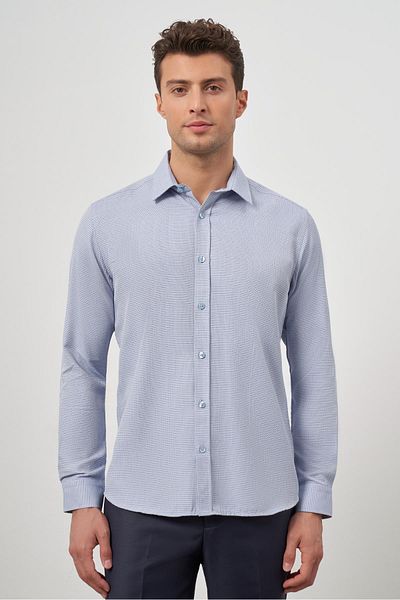 İmza Тъмносиня риза с дълъг ръкав Slim Fit без джобове, памучна класическа 1004245161