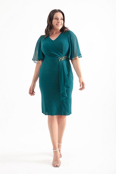 Lafaba Emerald Green Plus Size Midi Evening Dress - V-neck, Short Sleeve Dress