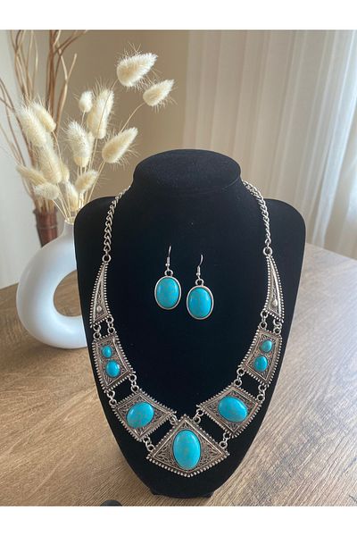 Store Bohemian Style Turquoise Patterned Necklace Earring Set