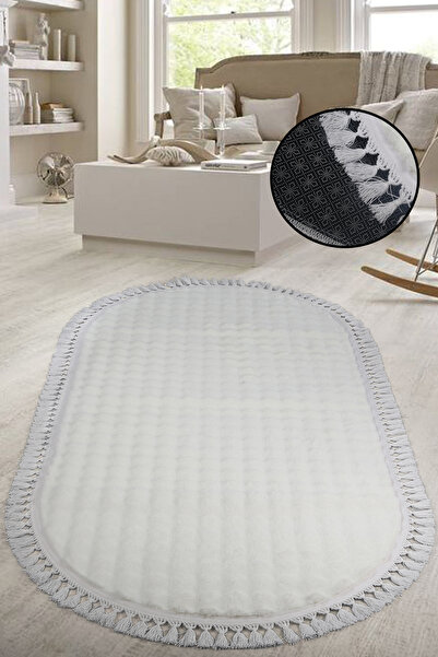 Teksev Bubble Cream Color Oval Pompom Fringed Plush Runner Machine Washable Tasseled Non-Slip Carpet