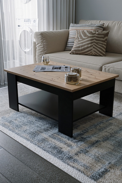 KODIGU Atlantik Çam - Siyah Sole Orta Sehpa 60x90x45 Alt Büyük Raflı