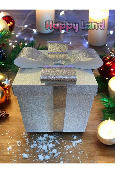 Happyland New Year's Gift Box Silver Color Glitter Ribbon DIY Model 30X30X30 cm