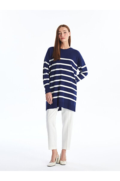 LC Waikiki Blue Crew Neck Striped Long Sleeve Women's Knitwear Tunic