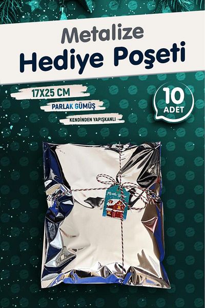 t tuğset etiket Метализирана торбичка за опаковане на подаръци с лепило 17x25см, сребриста, 10 броя, коледен подаръчен пакет за Нова година -T109