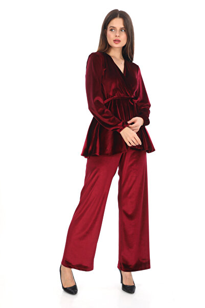 Big Love Lüks Kruvaze Yakalı Kadife Kuşaklı Bluz Pantolon Takım Koyu Kırmızı