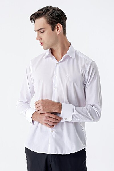 İmza قميص أبيض بأكمام طويلة من القطن ذو قصة ضيقة بدون جيوب وياقة صلبة 1004245059