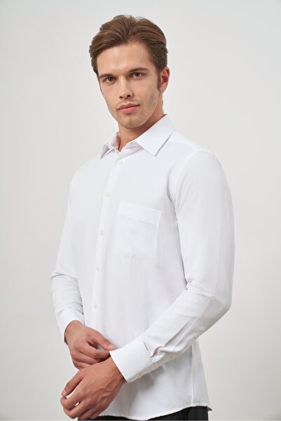İmza Λευκό μακρυμάνικο πουκάμισο Dobby 041 με σκληρό γιακά Classic Comfort Fit 1004245157